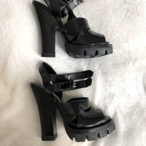 Prada Brushed Leather Black Chunky Platform Heels